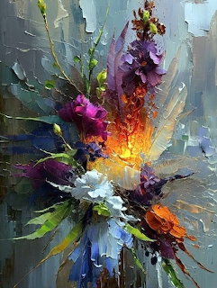Abstract floral painting with colorful textured flowers and expressive brushstrokes