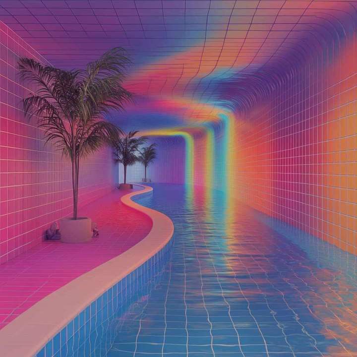 Surreal neon corridor with a blue pool, palm trees, and glowing rainbow arches