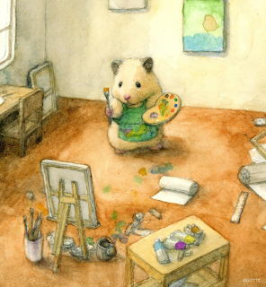 Watercolor illustration of a hamster holding a paint palette in a mesy art studio with easel and supplies