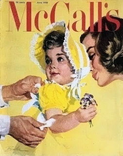 1958 McCall's magazine cover with woman in yellow bonnet receiving flowers