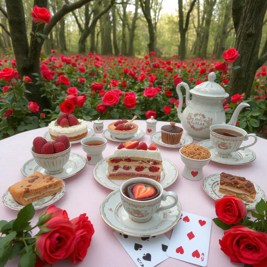 Tea party table with cakes and teacups surrounded by red roses in a garden