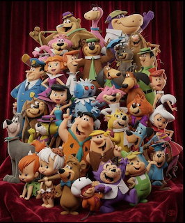 Pyramid arrangement of colorful cartoon characters on stage with red curtain background
