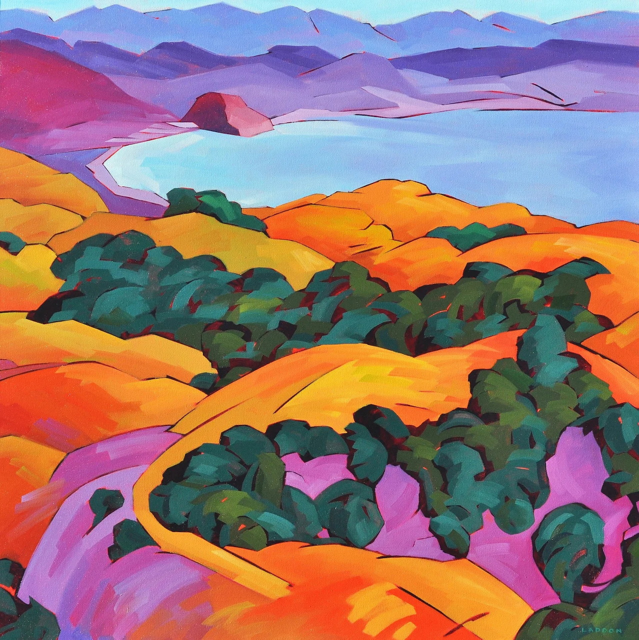 Colorful landscape painting with orange hills, purple valleys, blue water, and distant mountains under a bright sky
