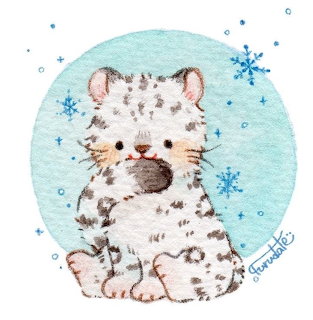 Cute illustration of a sitting snow leopard cub with snowflakes and a pale blue circle background
