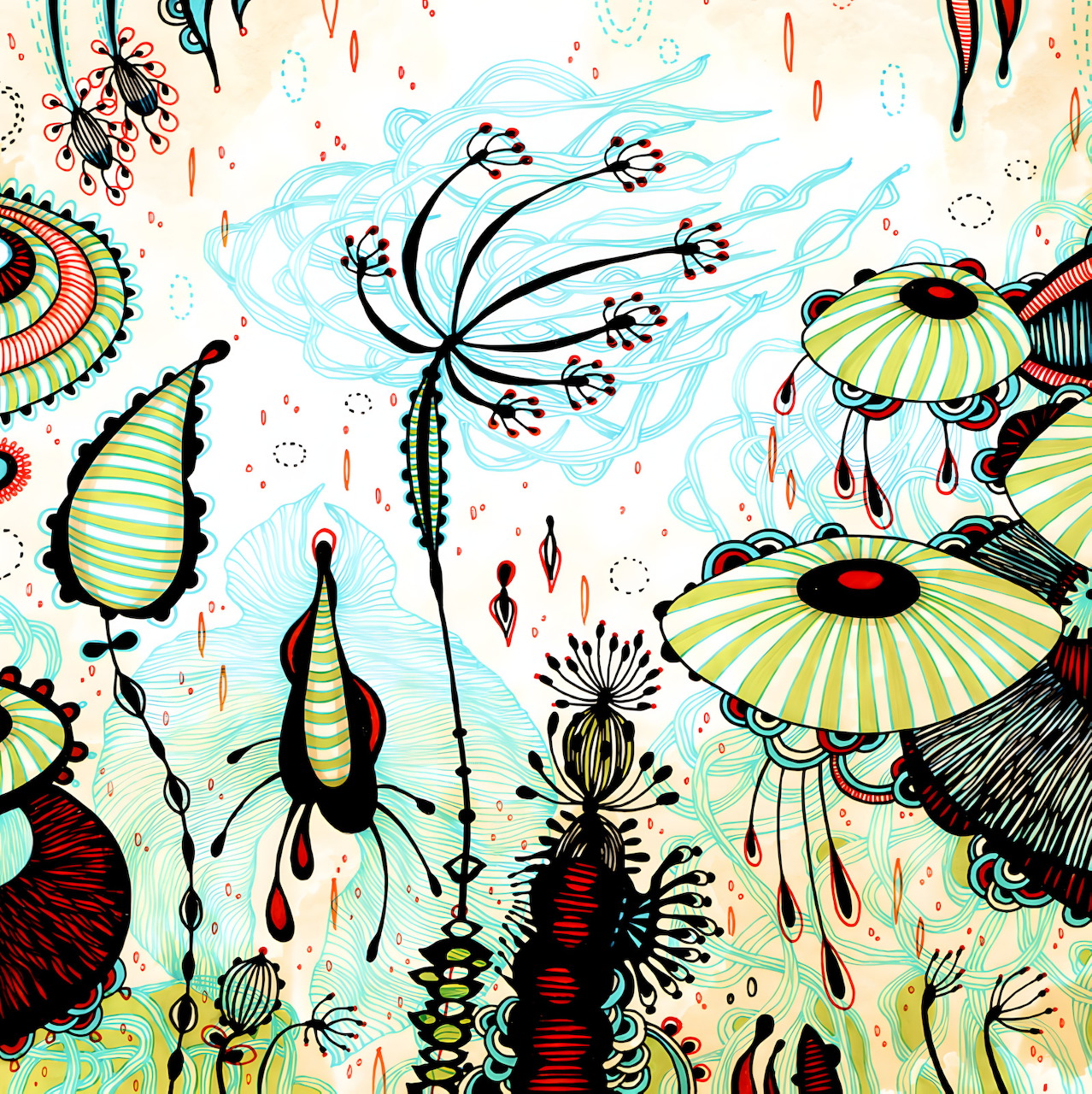 Abstract painting with colorful stylized flowers, curved stems, and organic patterns in yellow, red, and teal tones