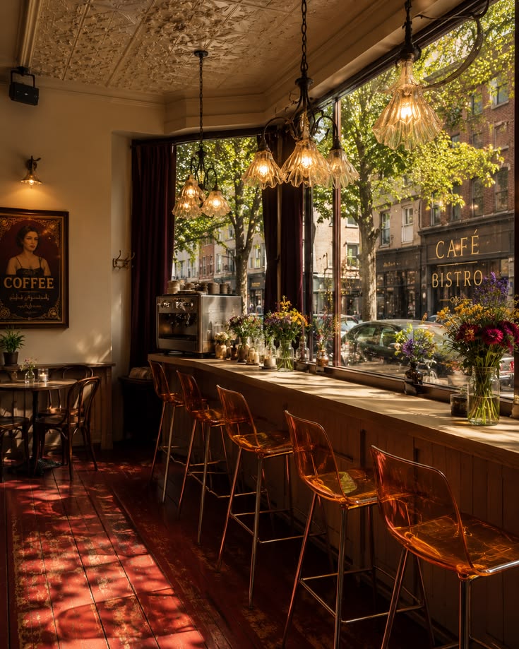 Cozy coffee shop interior with wooden tables and warm lighting