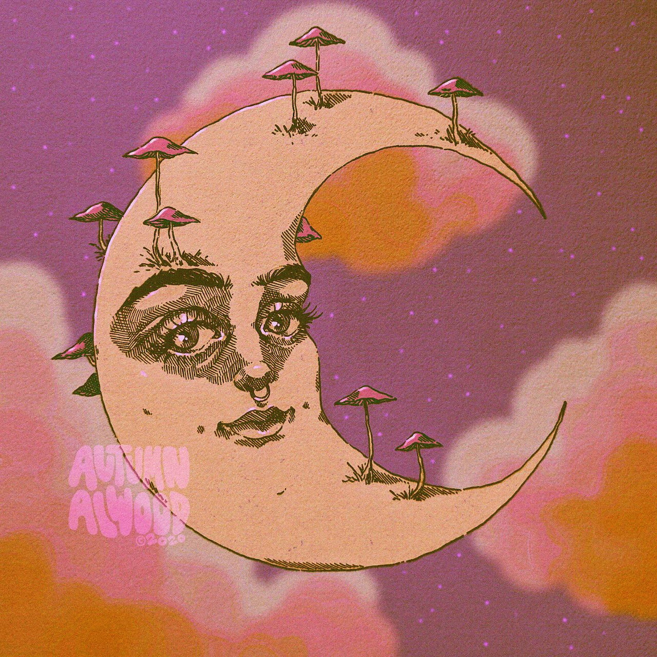Illustrated crescent moon face with mushrooms growing from it against colorful sky