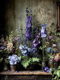 Purple and blue flowers in vases on a rustic table against a weathered wall
