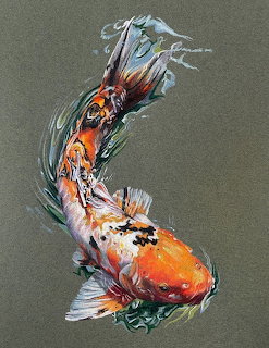 Painting of two orange and white koi fish swimming in a circular motion on a gray background