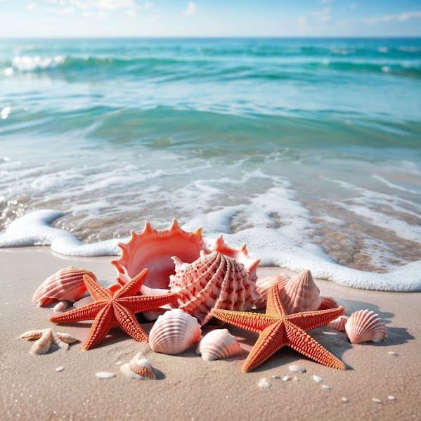 Colorful seashells and starfish arranged on sandy beach with ocean waves