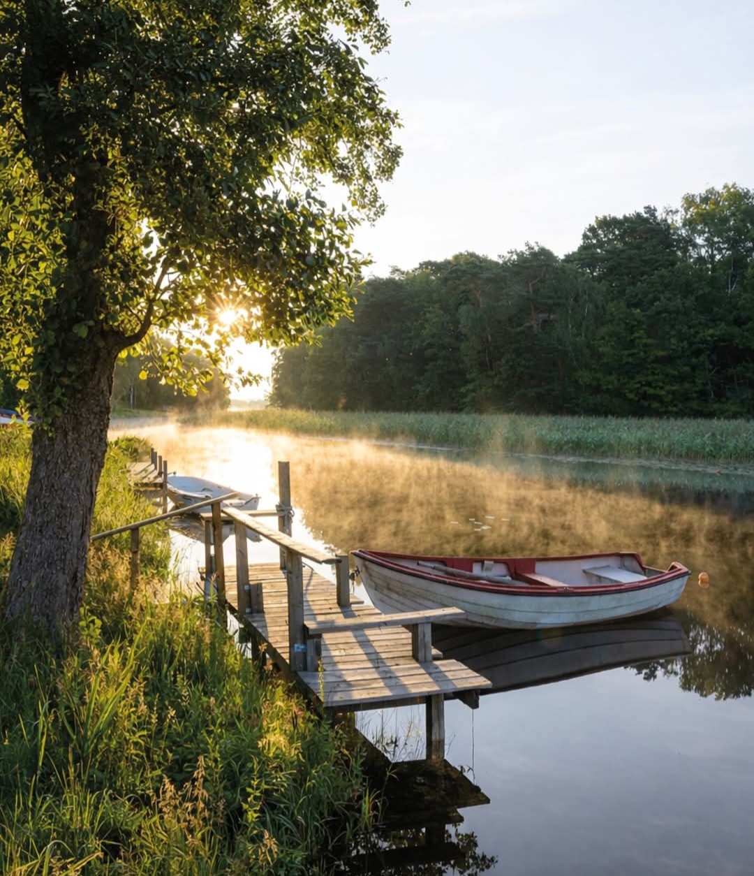Misty morning water with a wooden dock and rowboat beside trees in Gamlebyviken, Sweden.