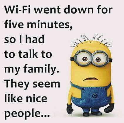 Minion character with humorous text about WiFi and family conversation