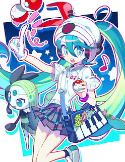 Anime girl with teal twin-tails in Pokemon outfit surrounded by cute Pokemon characters on vibrant blue and white background