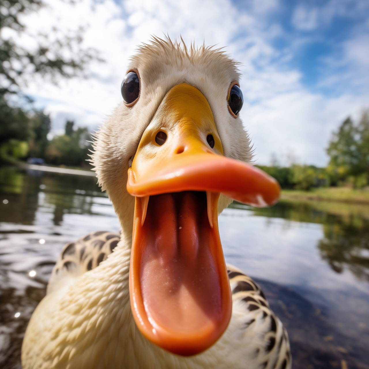 Close-up of a duck with open orange beak and wide eyes looking directly at camera