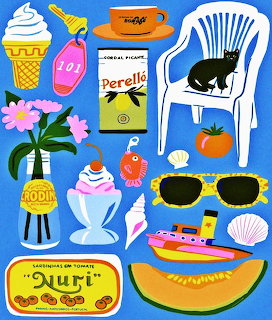 Illustrated collage of summer objects: ice cream cone, sunglasses, beach chair with cat, flowers, and vintage stickers