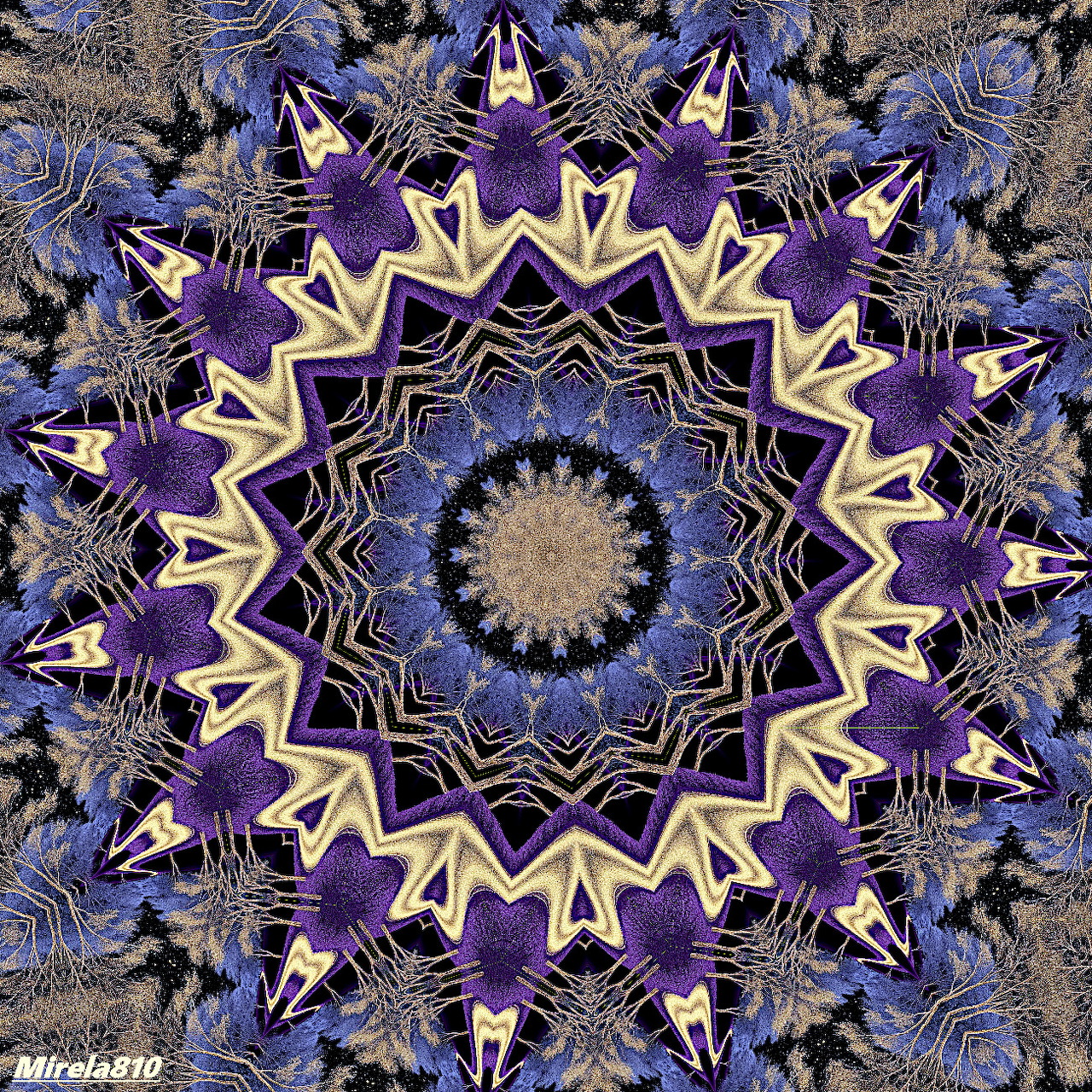 Detailed mandala with purple and gold star patterns in radial symmetry