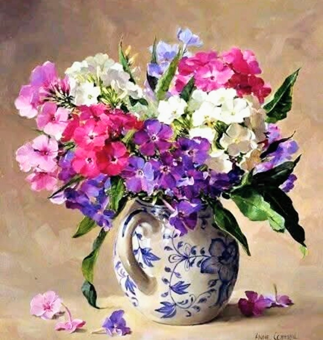 Vibrant floral still life painting showing mixed flowers in an ornate white pitcher with blue floral design