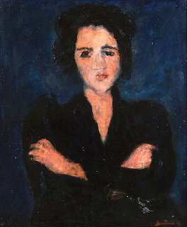 Expressionist painted portrait of a dark-haired woman with folded arms on a blue background