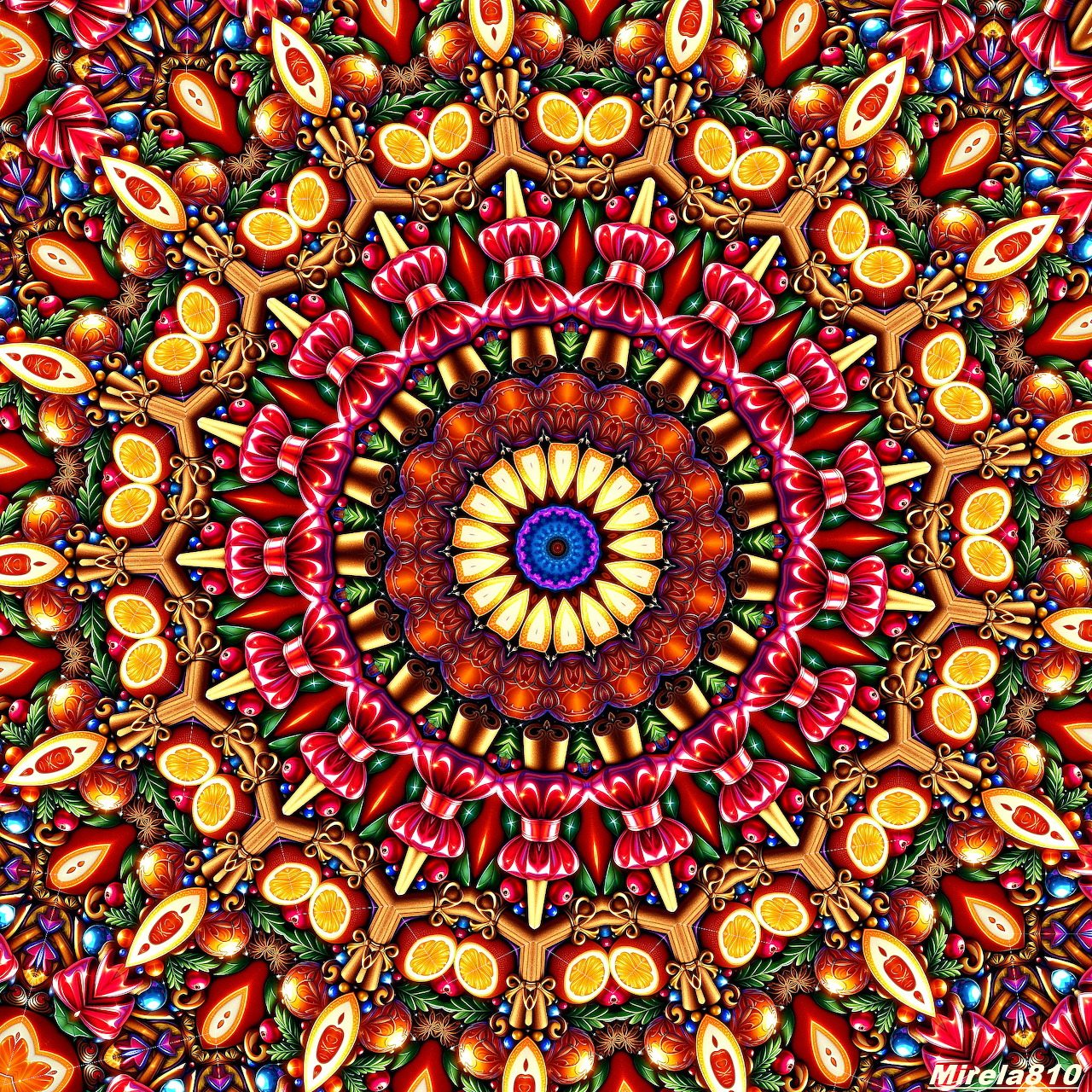 Ornate mandala with radial symmetry in warm colors and blue accents, featuring detailed geometric patterns