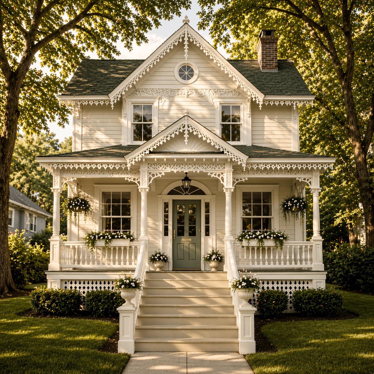 White Victorian house with ornate trim, front porch stairs, flower boxes, and surrounding trees