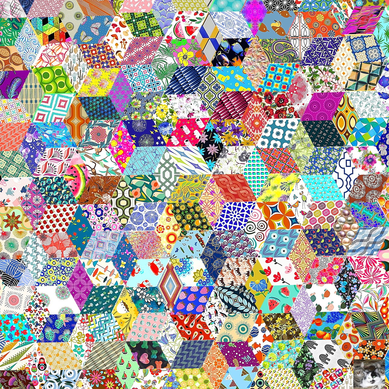 Colorful hexagonal patchwork quilt with diverse patterns and bright colors arranged in a honeycomb layout