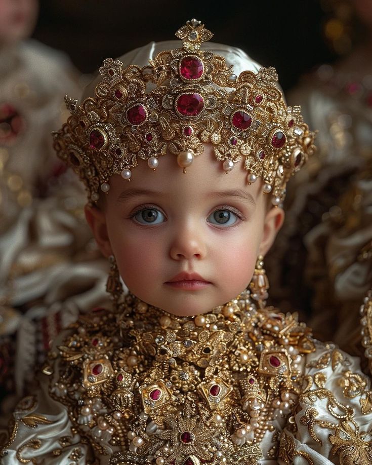 Baby wearing an elaborate golden crown and royal outfit decorated with red rubies and gold filigree