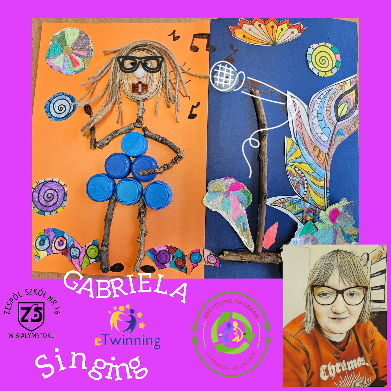 Colorful collage poster with a childlike singing figure, musical notes, and a small portrait photo