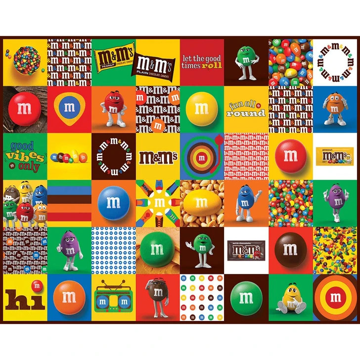 Grid collage of M&M's candy, logos, dispensers and colorful patterns on multicolored background