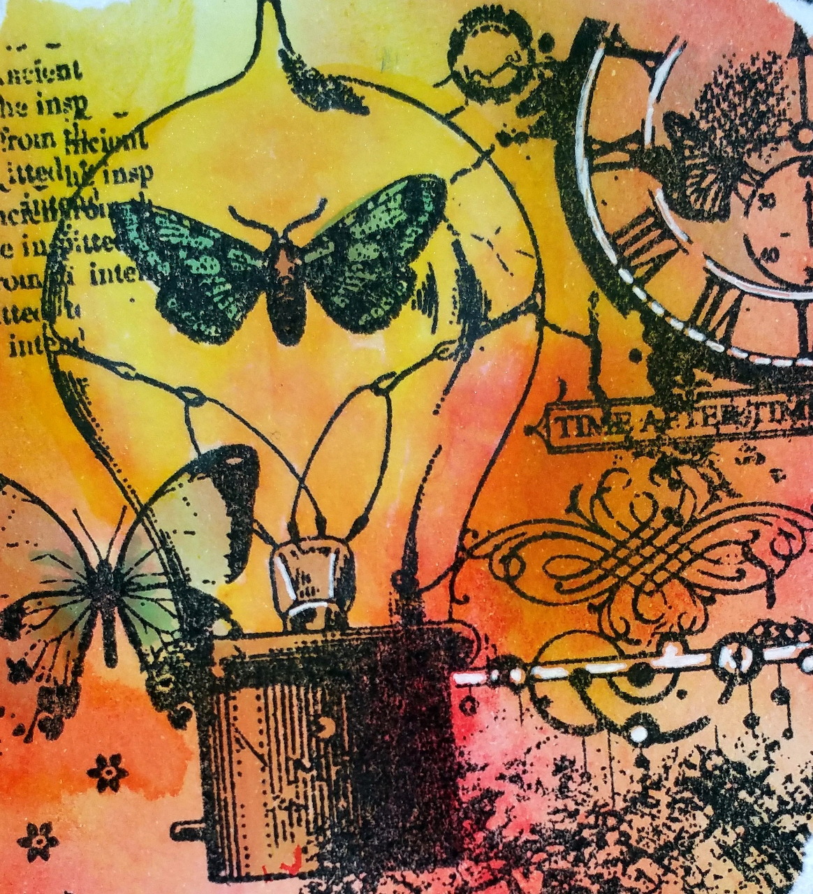 Colorful mixed media collage with butterflies, clock faces, and decorative stamps in orange and yellow hues