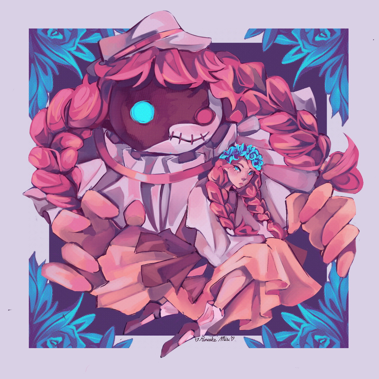 Anime girl Lucy in pink Victorian dress with wide-brimmed hat and blue floral frame
