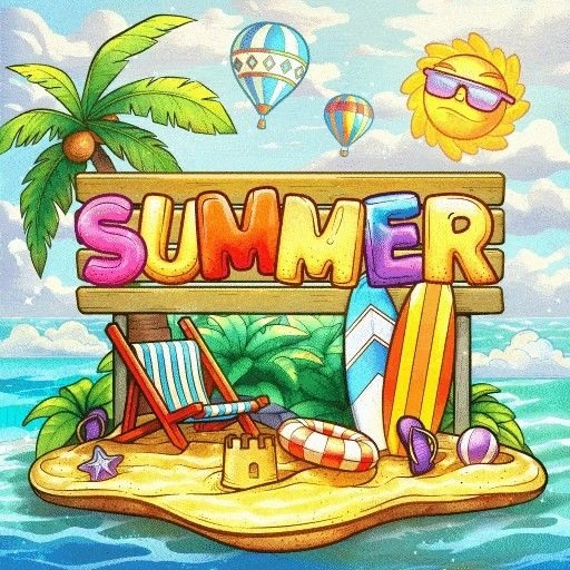 Tropical beach island with summer sign, palm tree, surfboards, beach items, and cartoon sun with hot air balloons in sky
