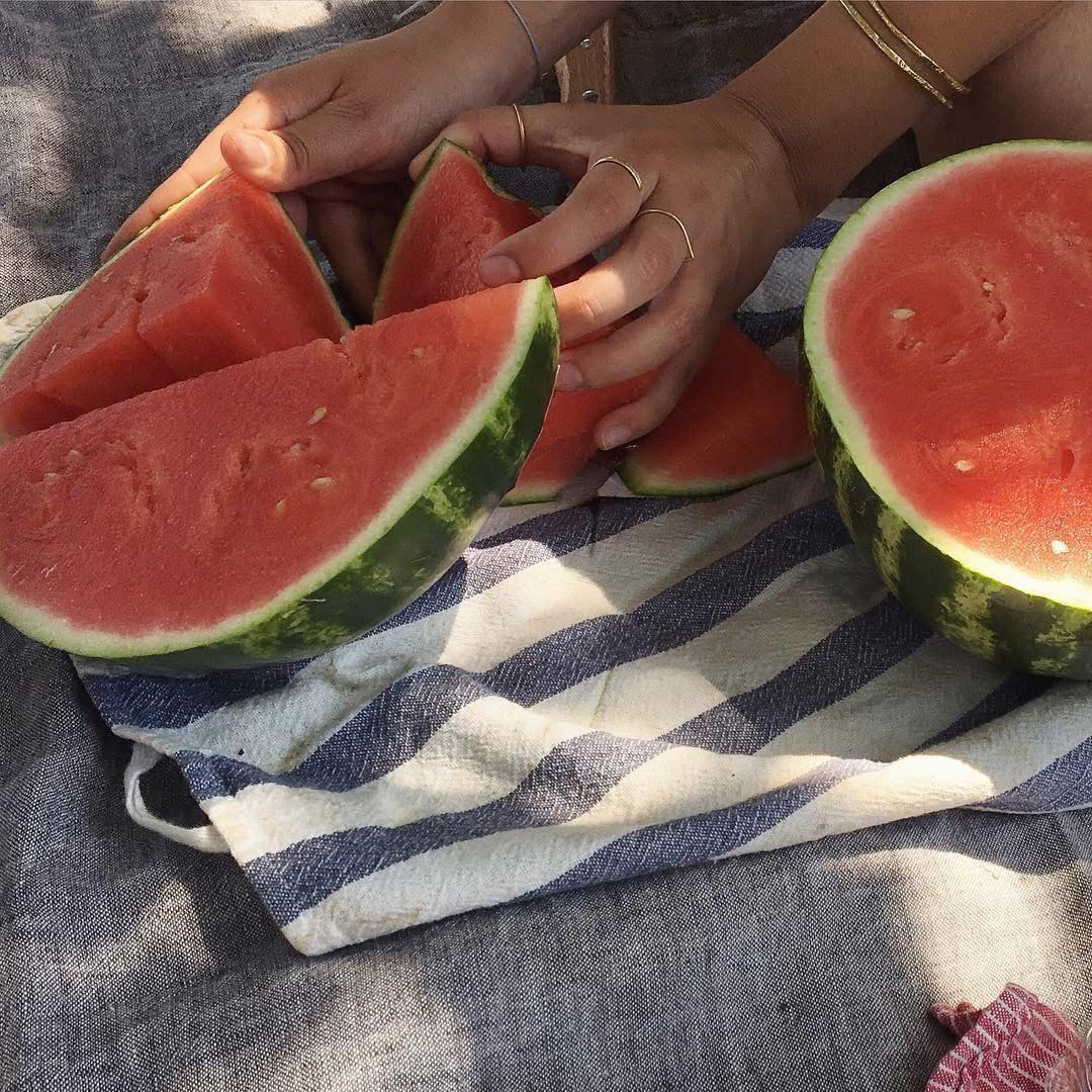 Watermelon Slices on Striped Towel