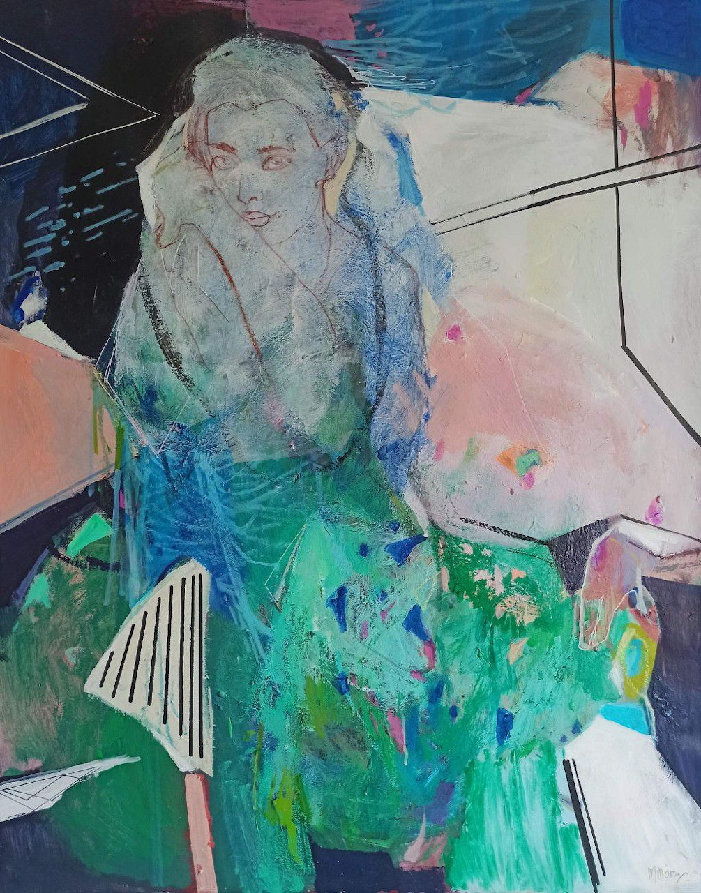 Abstract mixed-media painting of a woman with green, blue, and pink expressive brushstrokes