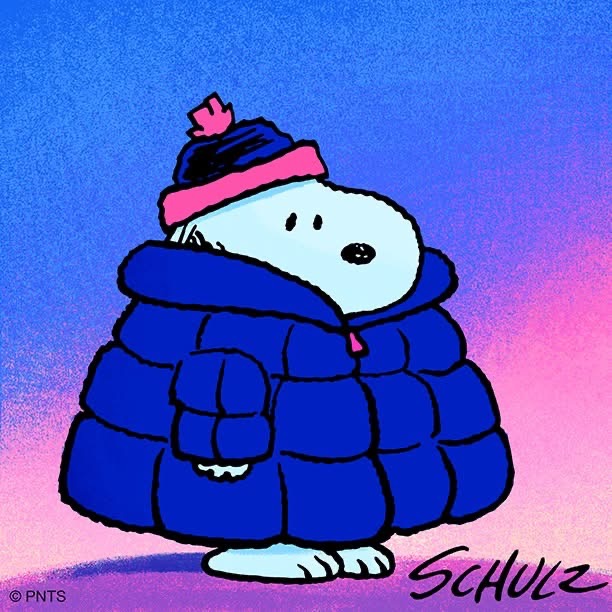 Snoopy wearing blue puffer coat and pink winter hat on gradient background