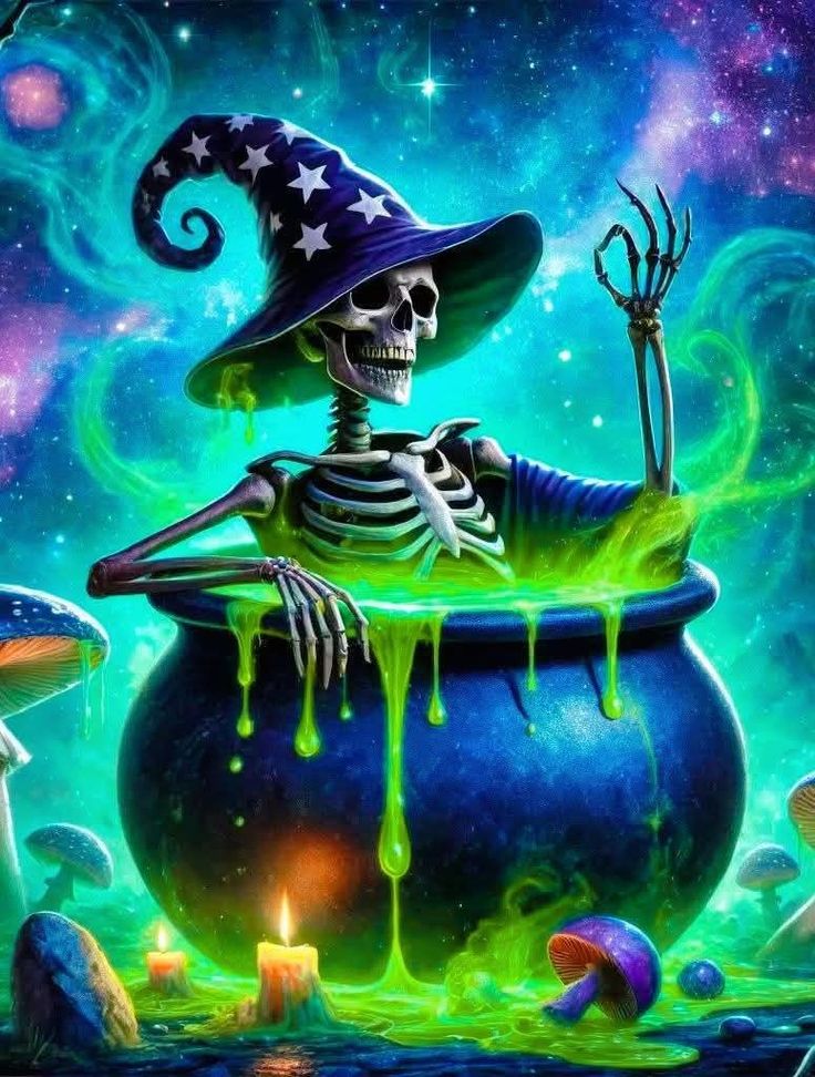 Skeleton witch with star-covered hat stirring bubbling green cauldron under colorful cosmic sky