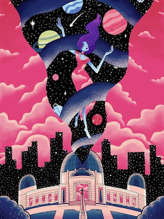 Surreal illustration of an observatory with a swirling cosmic vortex containing planets, stars, and a floating girl