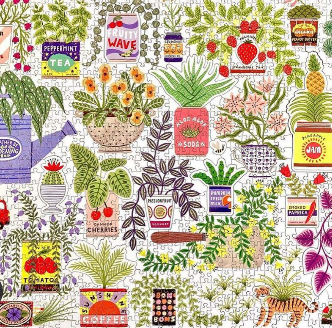 Dense collage of vintage botanical illustrations, seed packets, plants, and garden imagery