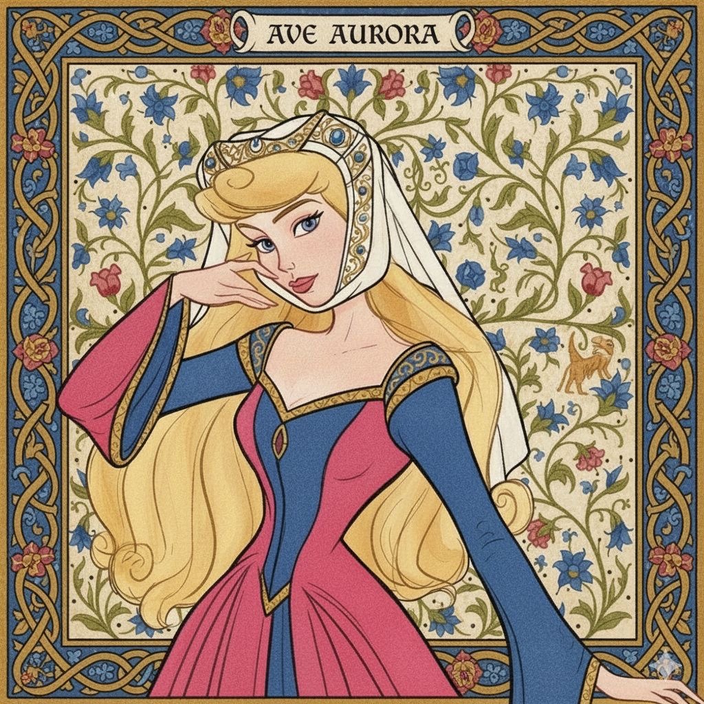 Princess Aurora in medieval art style with blonde hair, crown, and ornate floral border