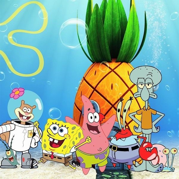 SpongeBob SquarePants characters standing together with pineapple house in background