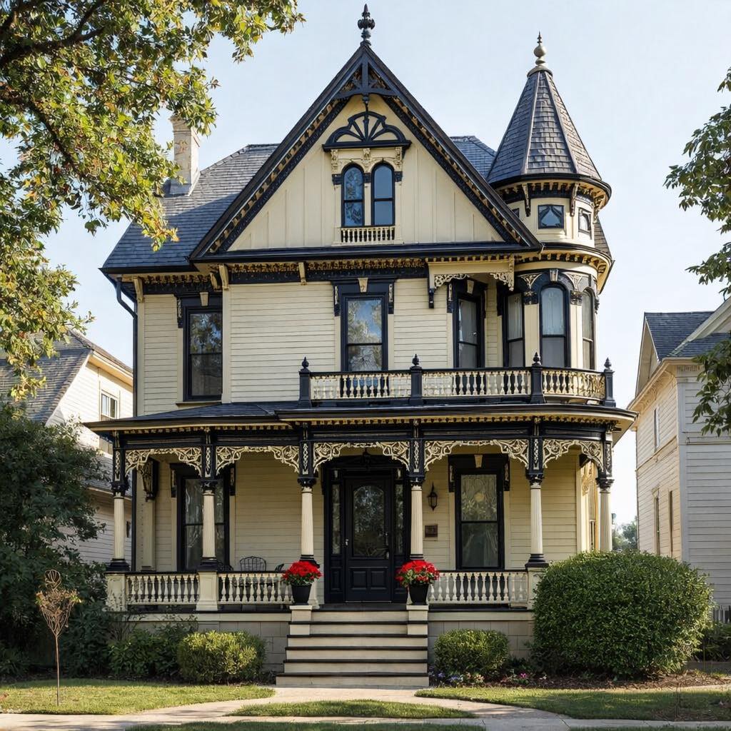 Yellow Victorian mansion with turret, ornate trim, wraparound porch, and front steps surrounded by trees and landscaping