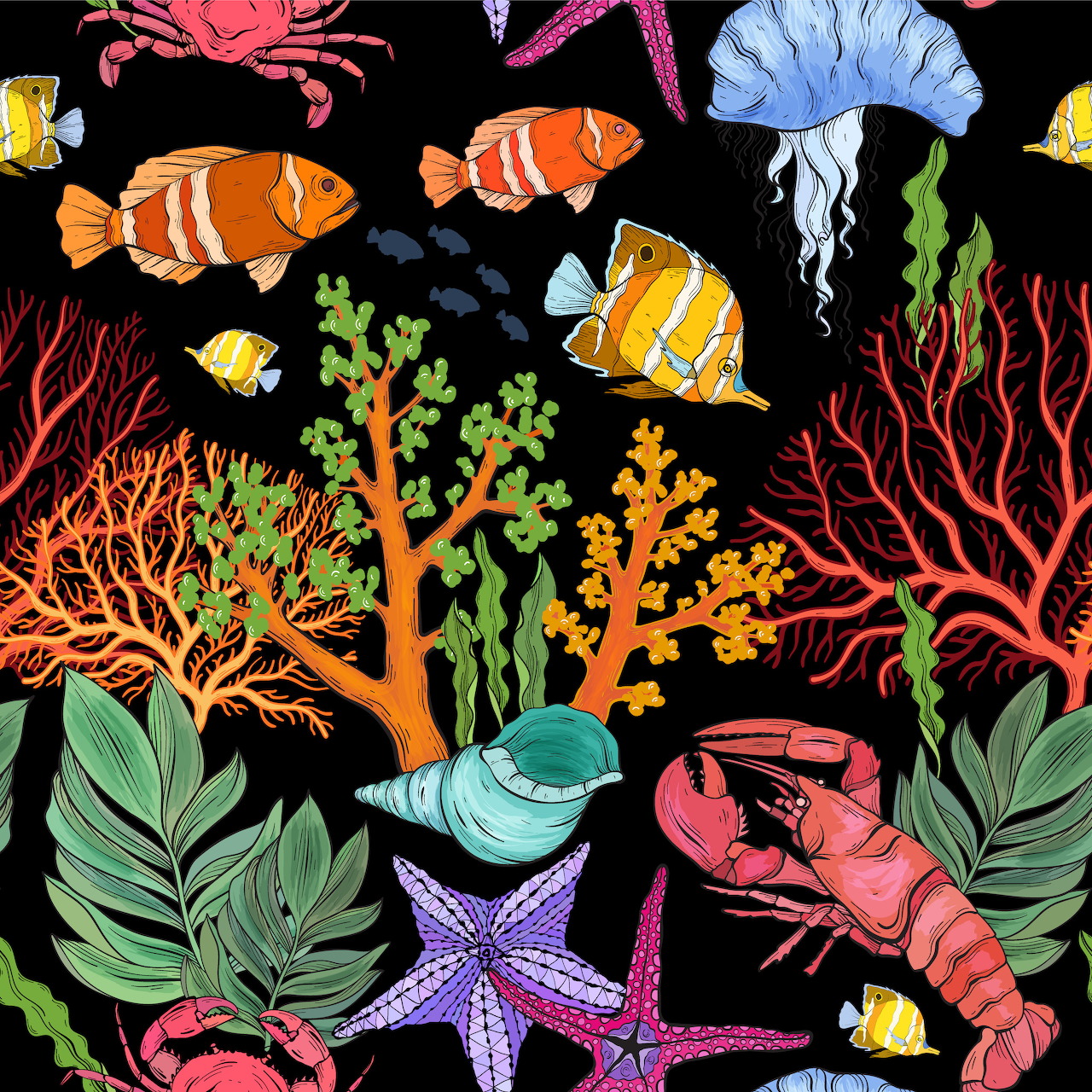 Colorful underwater illustration with fish, coral, crabs, shells, starfish, and a jellyfish on black