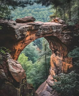 Natural sandstone rock arch bridge surrounded by dense green forest at Red River Gorge, Kentucky