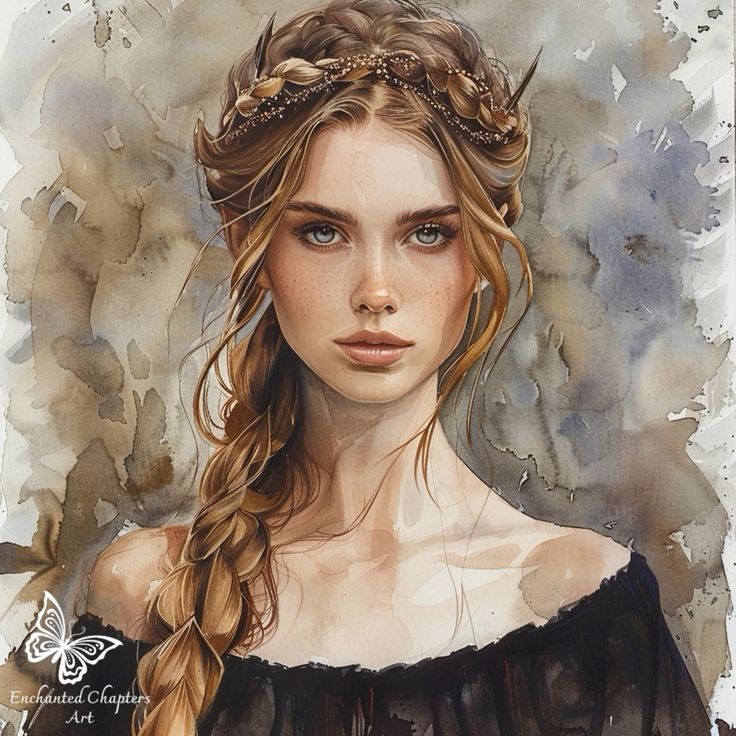 Watercolor portrait of woman with braided hair and butterfly