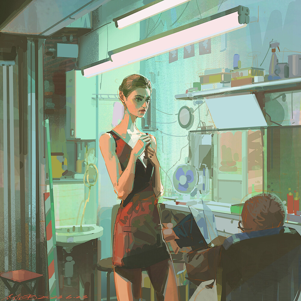 Illustration of a woman in a black dress standing in a bright studio with another person seated nearby