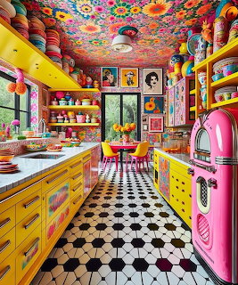 Brightly colored retro kitchen with yellow cabinets, pink fridge, checkered floor, and floral ceiling