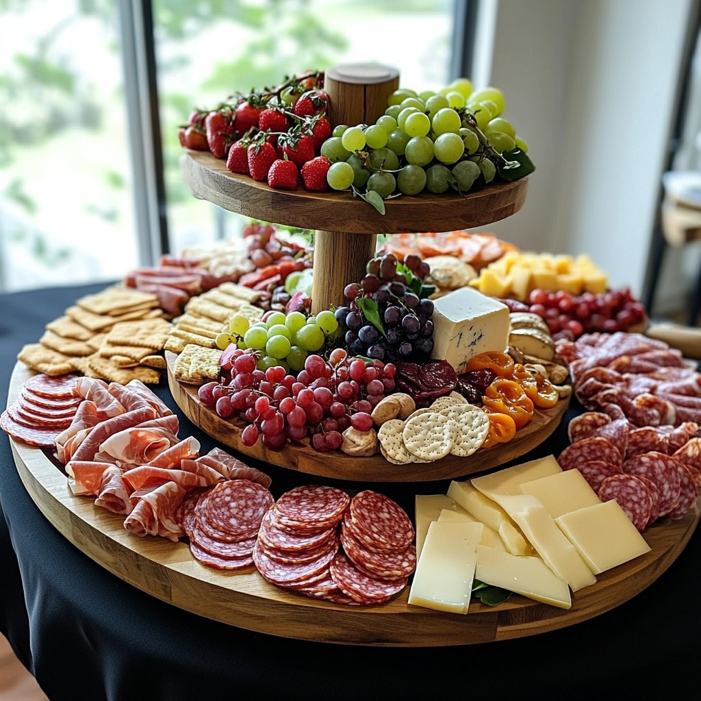 Multi-tiered wooden charcuterie board with meats, cheeses, grapes, crackers, and accompaniments
