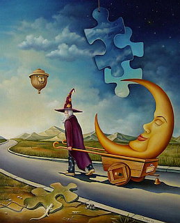 Wizard in purple robe stands on road next to large golden crescent moon under sky with floating puzzle pieces