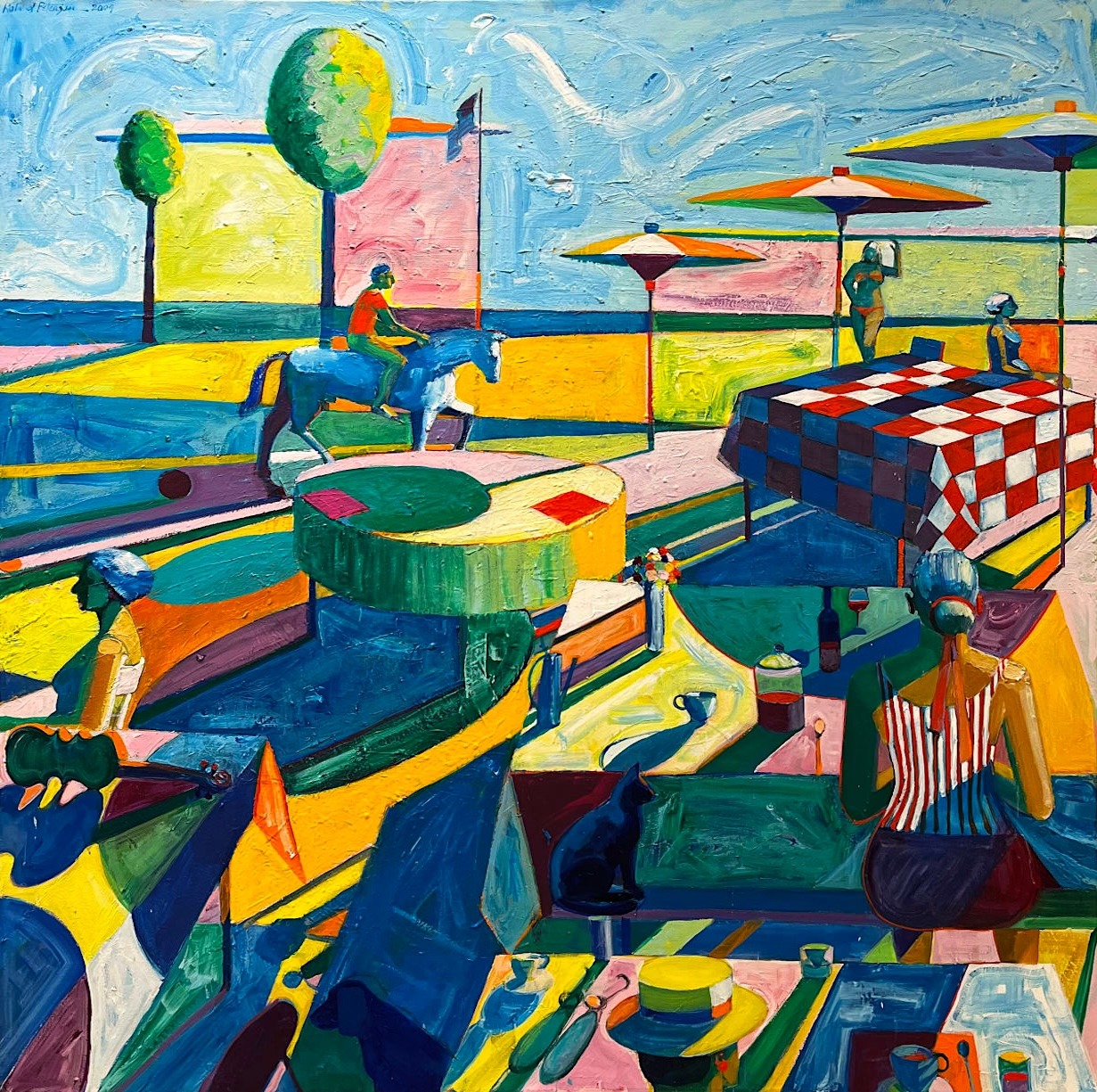 Abstract painting of picnic scene with violin, horse, umbrellas and figures in bold colors