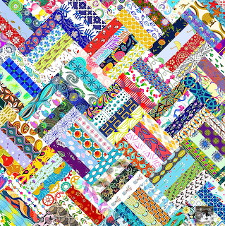 Colorful diagonal patchwork quilt strips with various patterns including florals, dots, and geometric designs