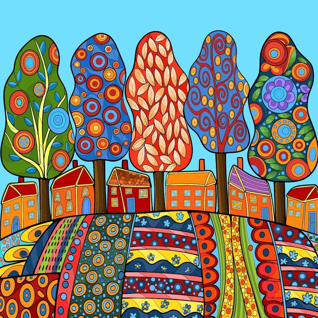 Colorful illustration of patterned trees above small houses with decorative fields in folk art style